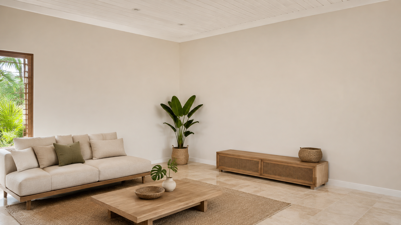 Complete neutral living room used to preview a paint colour